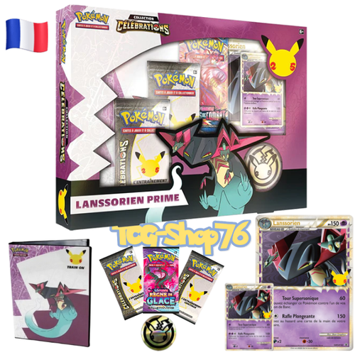 Coffret Pokémon Célébrations 25 ans FR – Lanssorien Prime – 2 Boosters Célébrations plus 1 Booster Standard plus Carte Jumbo – Neuf scellé