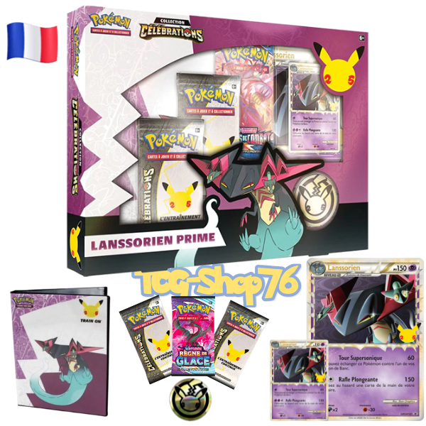 Coffret Pokémon Célébrations 25 ans FR – Lanssorien Prime – 2 Boosters Célébrations plus 1 Booster Standard plus Carte Jumbo – Neuf scellé