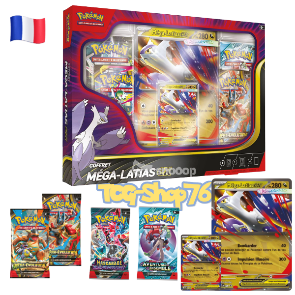 Coffret Pokémon Méga-Latias ex (FR) — 4 boosters (2× Méga-Évolution ME1 + EV6 + EV9) + carte promo + Jumbo — Neuf & scellé