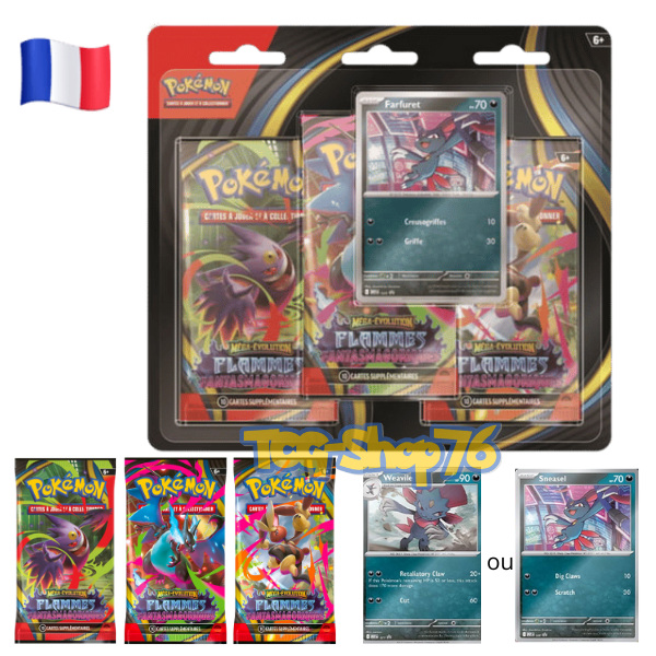 Tripack Pokémon Flammes Fantasmagoriques (FR) — ME2 — 3 boosters + carte promo — Sous blister — Neuf & scellé