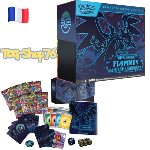 Coffret Dresseur d’Élite Pokémon – Flamme Fantasmagorique (FR) — ME2 — 9 boosters + promo + accessoires — Neuf & scellé ( présence de petit trou )