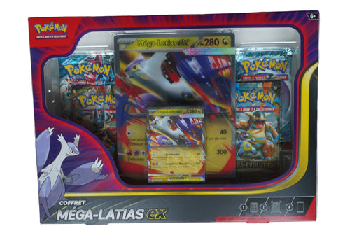 Coffret Pokémon Méga-Latias ex (FR) — 4 boosters (2× Méga-Évolution ME1 + EV6 + EV9) + carte promo + Jumbo — Neuf & scellé